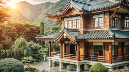 Traditional Japanese wooden house with a curved roof and large windows set against a backdrop of mountains and lush greenery.の素材