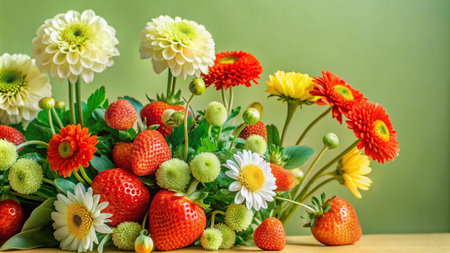 A vibrant still life featuring red strawberries, white and yellow daisies, and bright orange and yellow gerbera daisies on a wooden table.の素材