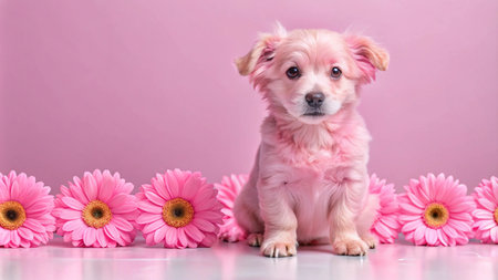A small, light pink puppy with large ears sits in front of a row of pink flowers against a pink background.の素材