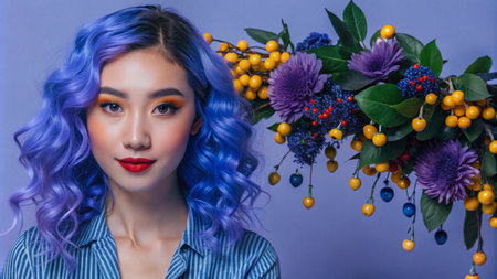 A young woman with blue hair and bold makeup poses in front of a purple wall with a bouquet of flowers.の素材