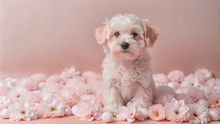 A small white puppy sits in a bed of soft pink flowers.の素材