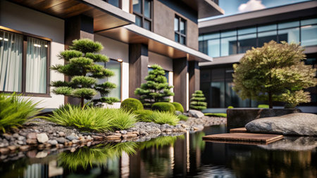 Modern home with a pond and landscaping.の素材