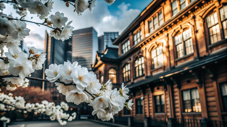 White cherry blossoms in bloom against the backdrop of a brick building and skyscrapers.の素材