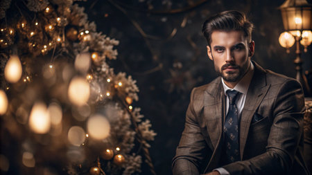 A handsome man in a suit poses in front of a Christmas tree.の素材