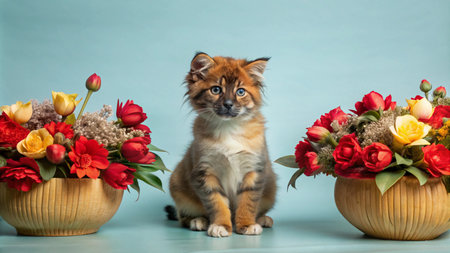 A cute, fluffy kitten sits between two flower pots with red, yellow and orange flowers on a blue background.の素材