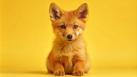Cute red fox pup sitting on yellow background.の素材