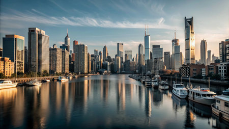 A stunning cityscape with skyscrapers reflected in the water at sunrise.の素材