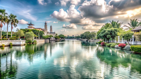 Tranquil lake with traditional architecture and lush palm trees under a cloudy sky.の素材