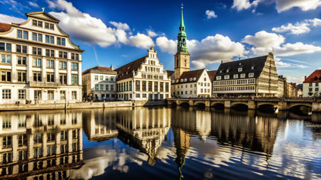 A picturesque view of a historic city with a river and bridge under a blue sky.の素材