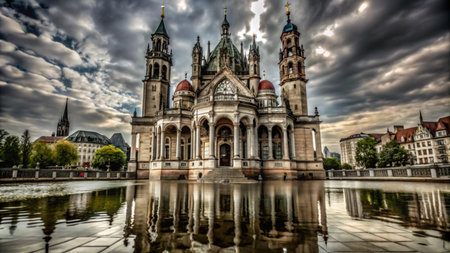 An ornate church with a reflecting pool in front of it.の素材