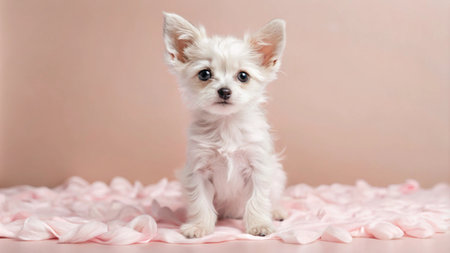 A small white puppy with big ears sits on a pink blanket and stares directly at the camera.の素材