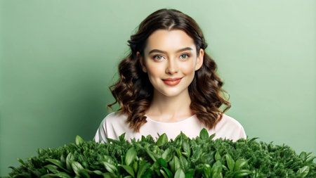 A young woman smiles at the camera while peeking over a wall of lush green plants.の素材