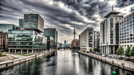 A city canal with modern buildings and a distant tower under a dramatic cloudy sky.の素材