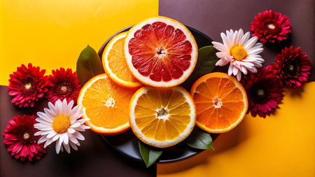A plate with sliced oranges and a blood orange on a yellow and brown background with pink and red flowers.の素材