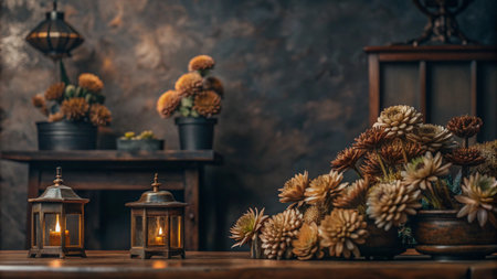 Two lit lanterns on a wooden table with dried flowers in a bowl and a rustic background.の素材