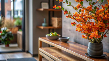 A vase of orange flowers on a wooden console table in a modern living room.の素材