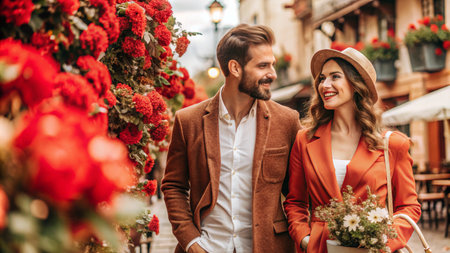 A couple strolls through a European city street, enjoying each other&#39;s company as they pass by a vibrant display of red flowers.の素材