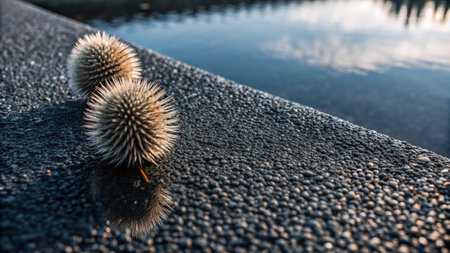 Two spiky seed pods sit on a concrete surface next to a body of water.の素材