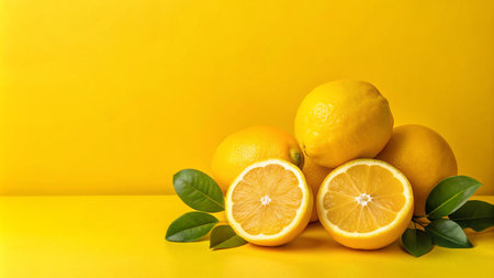 Fresh whole and cut lemons with green leaves on a yellow background.の素材