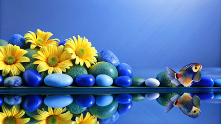 Yellow flowers, blue stones, and a fish in a reflective surface.の素材