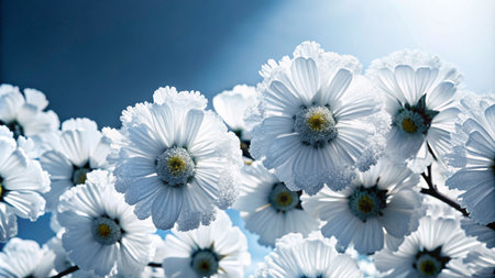 White flowers with dew drops against a blue sky.の素材