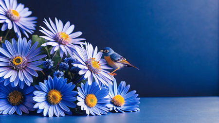 A small blue bird perched on a bouquet of blue daisies against a deep blue background.の素材