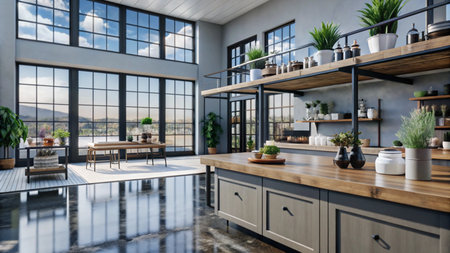 Modern kitchen with large windows, wooden countertops, and shelves.の素材