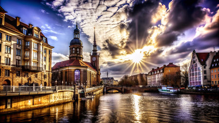 Sunset over a canal with a church and buildings in the foreground.の素材