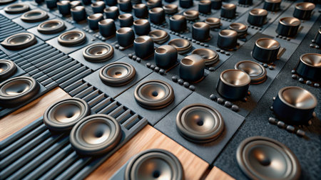 Close-up of a wall of speakers with different textures and materials.の素材