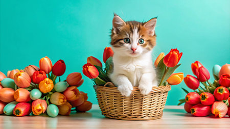 Adorable kitten sitting in a basket surrounded by colorful tulips.の素材