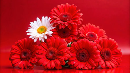 A single white daisy surrounded by red daisies on a red background.の素材
