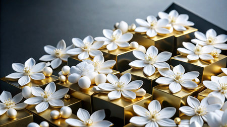 White flowers and golden spheres on a black background.の素材