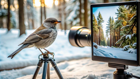 A small bird perched on a tripod in front of a camera lens in a snowy forest.の素材