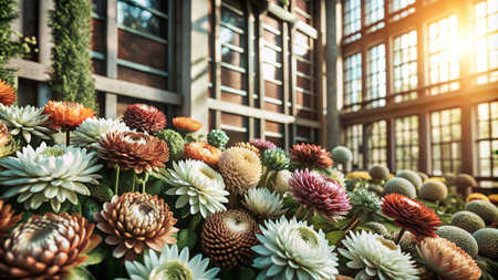 A beautiful display of colorful flowers in a greenhouse with a brick wall and large windows.の素材