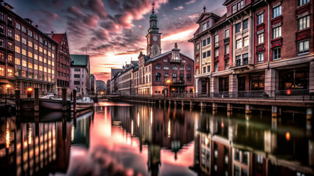 A picturesque European city with colorful buildings and a canal reflecting the setting sun.の素材