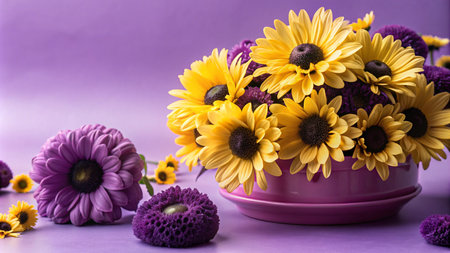 A vibrant bouquet of yellow and purple flowers in a pink pot on a purple background.の素材