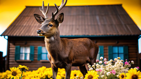 A deer stands in a field of sunflowers in front of a wooden cabin.の素材