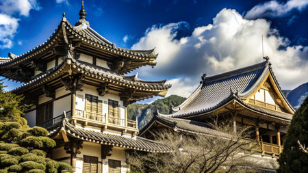Traditional Japanese architecture with intricate details and curved roofs against a bright blue sky.の素材