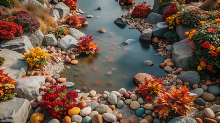 A small pond with colorful rocks and autumn leaves surrounded by flowers.の素材