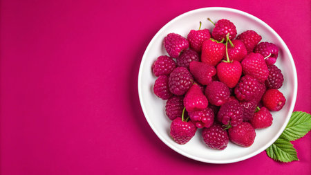 Fresh raspberries on a white plate against a pink background, with space for text.の素材