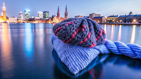 A knitted hat and scarf are resting on a sweater on the surface of a calm river at dusk, with the city skyline reflected in the water.の素材