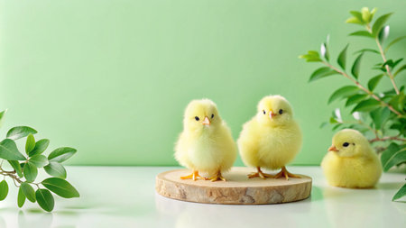 Three cute fluffy yellow chicks on a wooden platform with green leaves on a white background.の素材