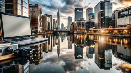 Laptop with blank screen on a wooden table with camera and lens beside it, overlooking city skyline at dawn.の素材
