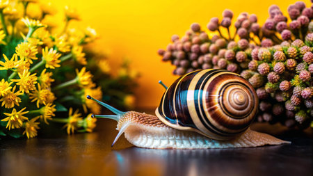 A close-up of a snail crawling on a dark surface with yellow and pink flowers in the background.の素材