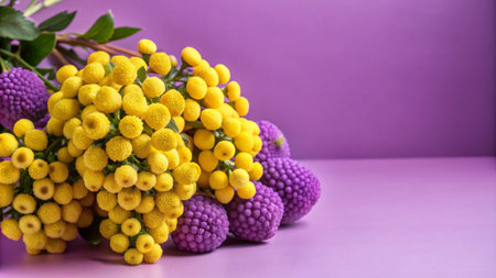 A bouquet of yellow and purple flowers on a purple background.の素材