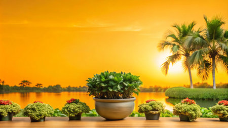 Sunset over a tranquil lake with potted plants in the foreground.の素材