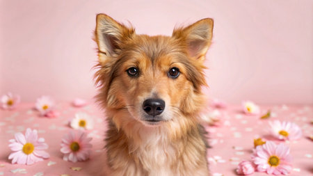 A brown and white dog with floppy ears sits amongst pink flowers against a pink background.の素材