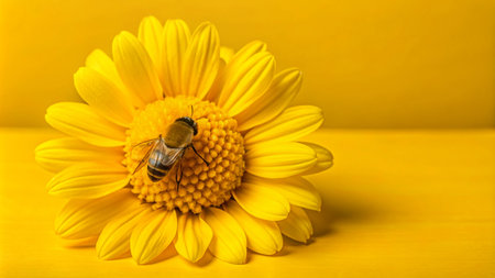 A honeybee gathers pollen from a bright yellow daisy flower against a yellow background.の素材