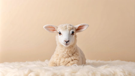 A cute white lamb with big eyes lays on a soft white fur against a light beige background.の素材