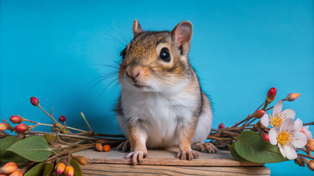 A cute chipmunk sits on a wooden box with spring blossoms, against a blue background.の素材